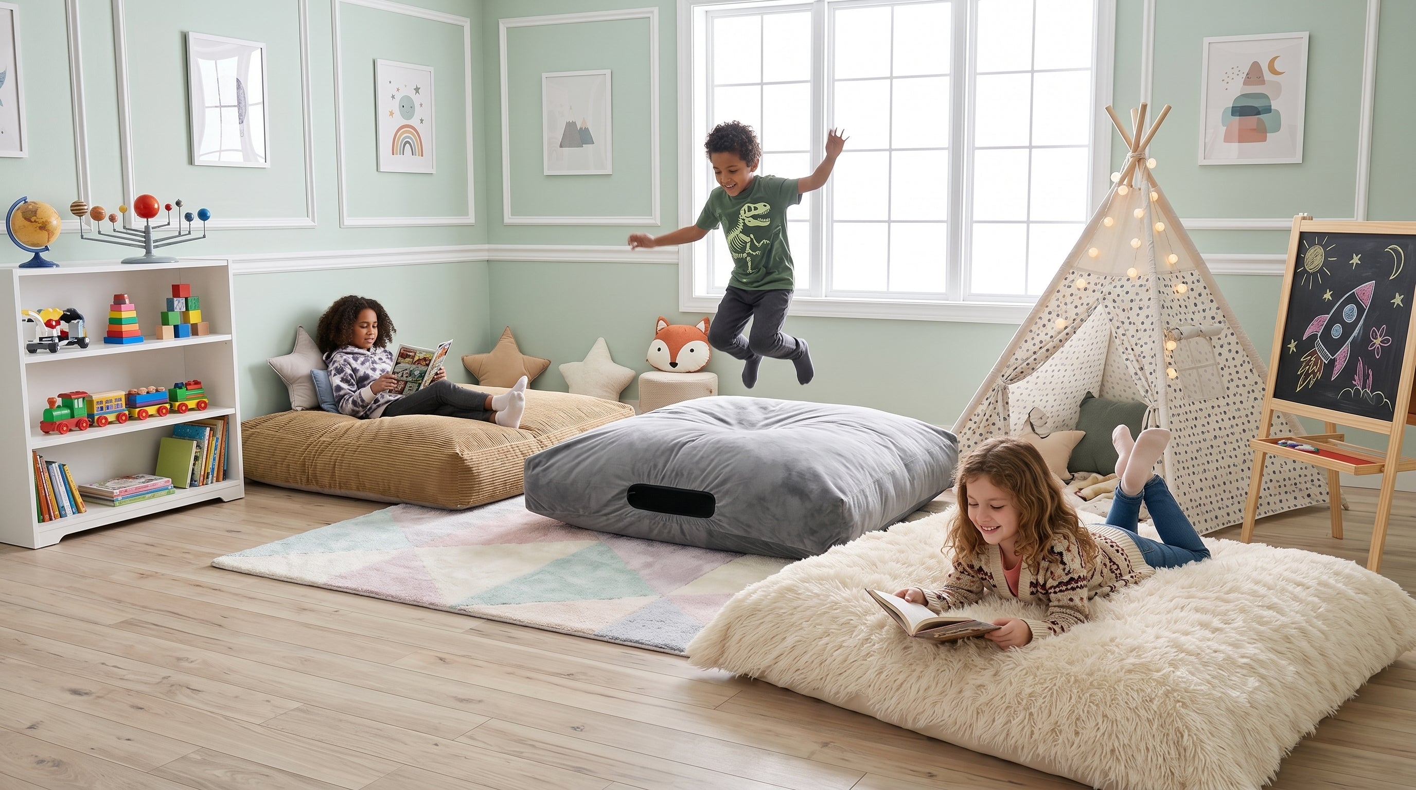 A children's playroom with light green walls, wood floors, and three kids lounging or jumping on oversized crash pads. A gray bean bag, a cream teepee with string lights, a white bookshelf with toys, and a small chalkboard easel are visible in the room.
