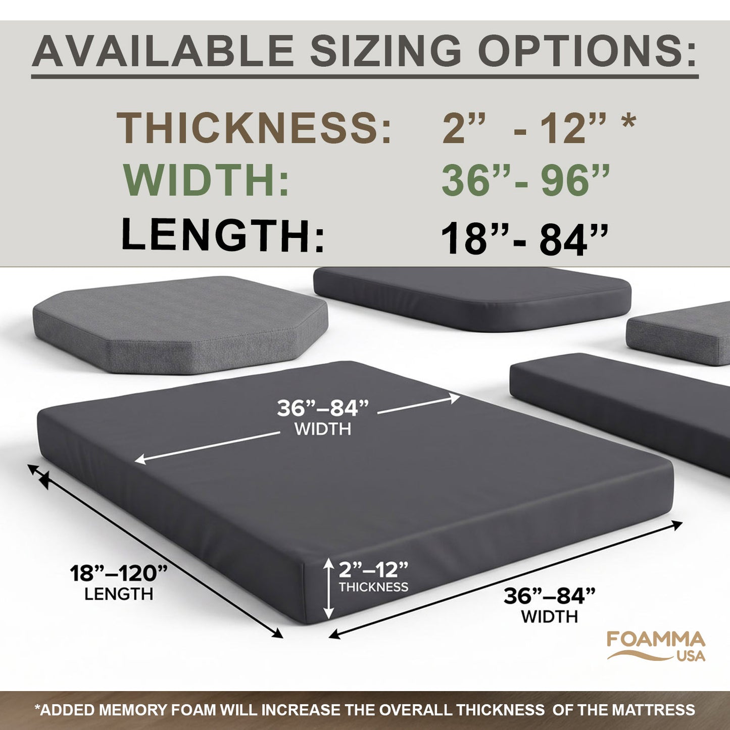Custom Cut & Shape Grey RV Mattress with Water Resistant Zipper Cover w. optional foldable sections--Starting at $89.99