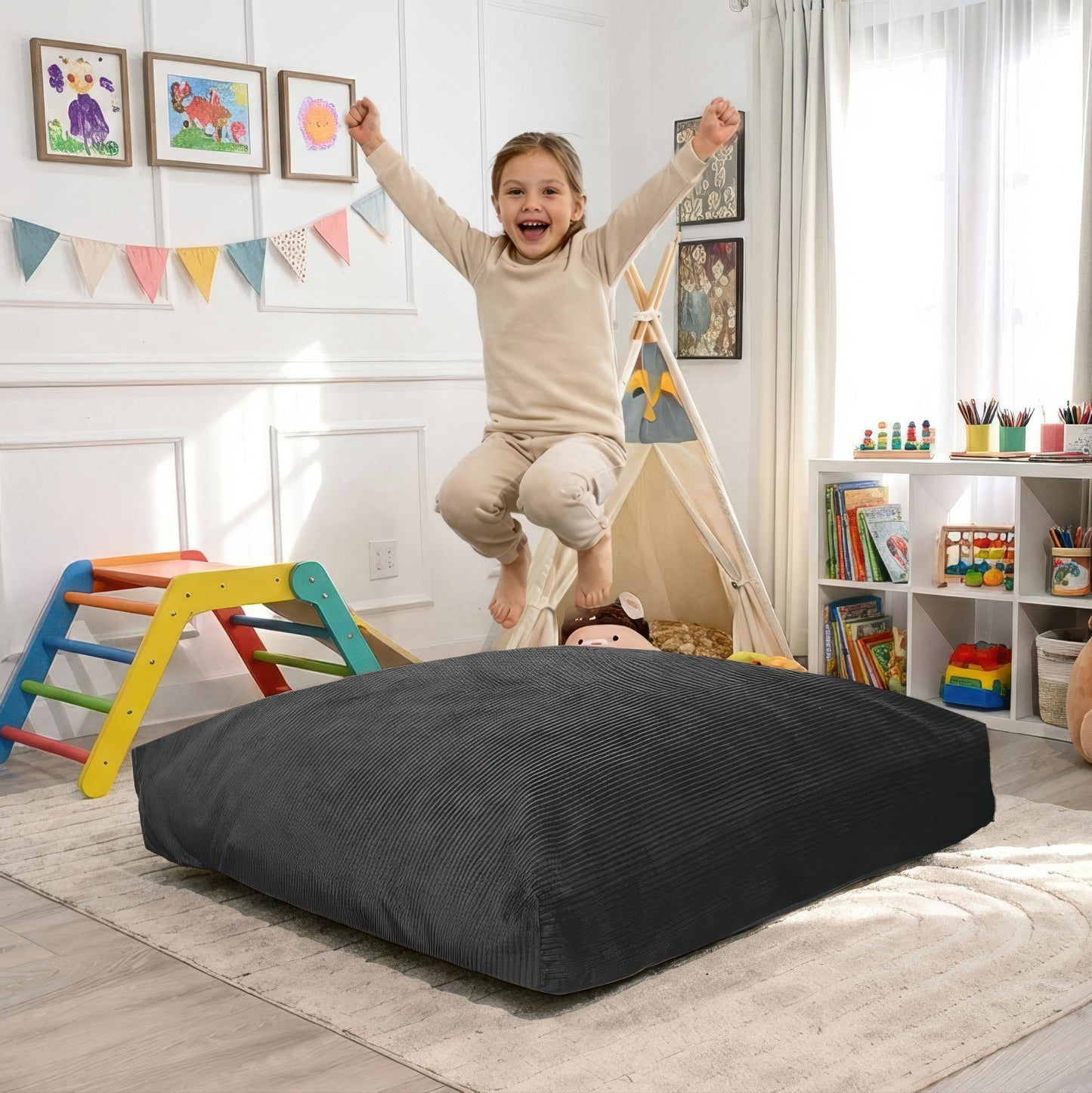 Sensory Crash Pad Light Grey with Foam Blocks for Autistic Kids, Soft & Washable Cover – Ideal for Kids & Adults to Jump, Play, Relax