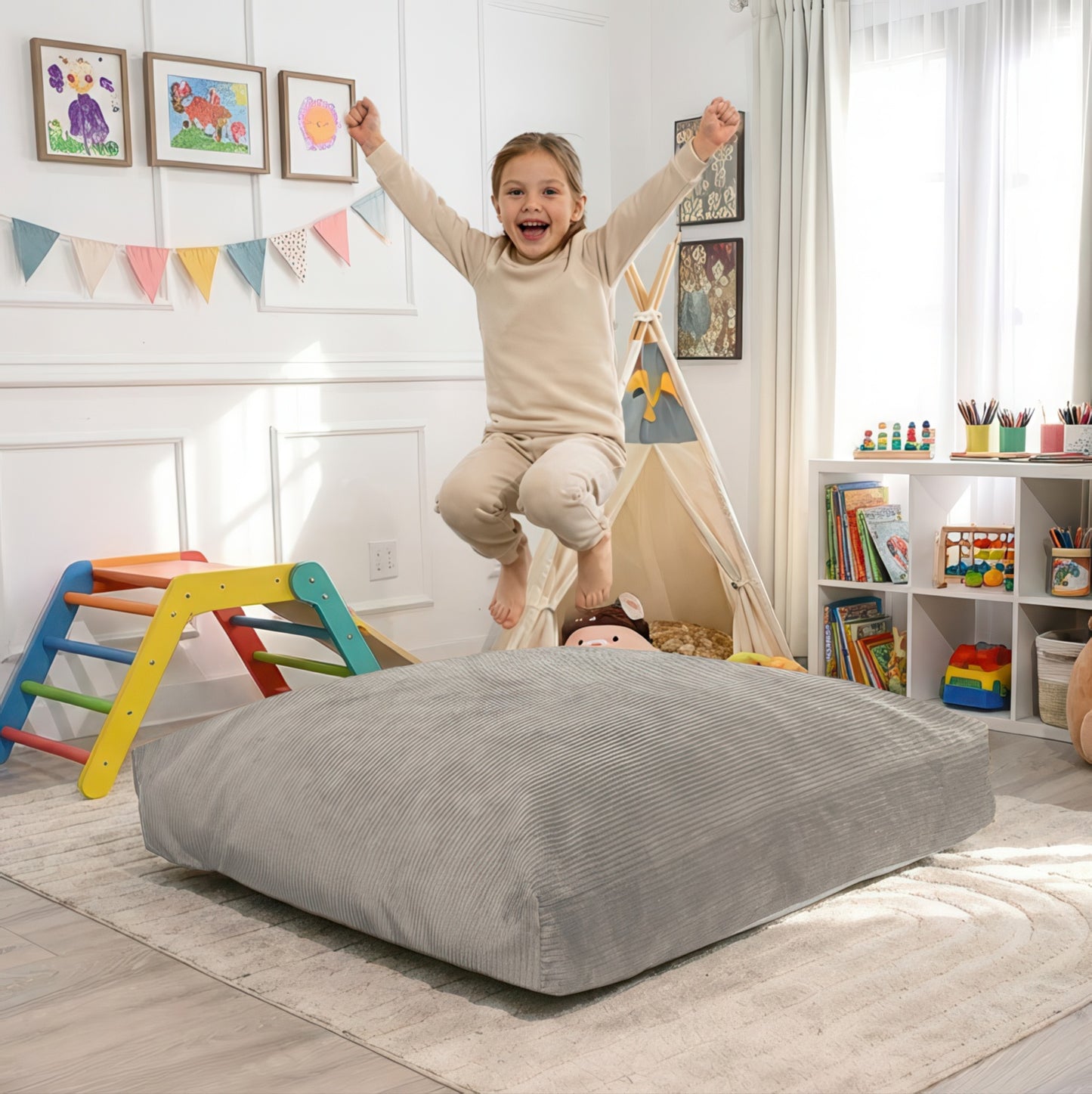 Sensory Crash Pad Charcoal Corduroy Fabric for Autistic Kids, Soft & Washable Cover – Ideal for Kids & Adults to Jump, Play, Relax