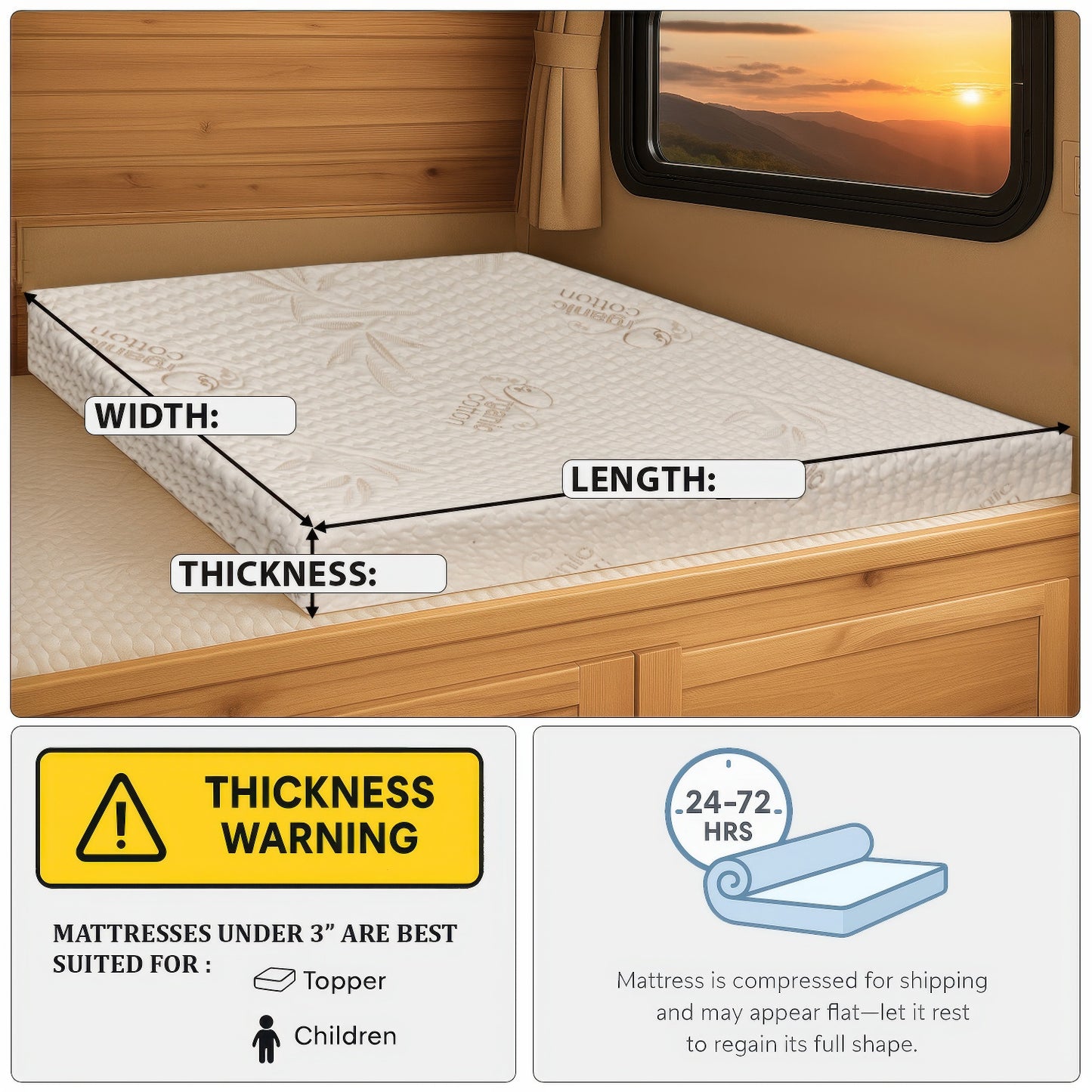 RV Precut Size Mattress with Organic Blend Zipper Water- Resistant Cover & Nonslip Base