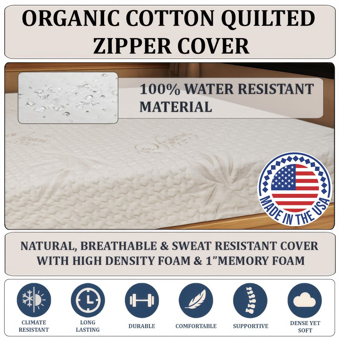 RV Precut Size Mattress with Organic Blend Zipper Water- Resistant Cover & Nonslip Base