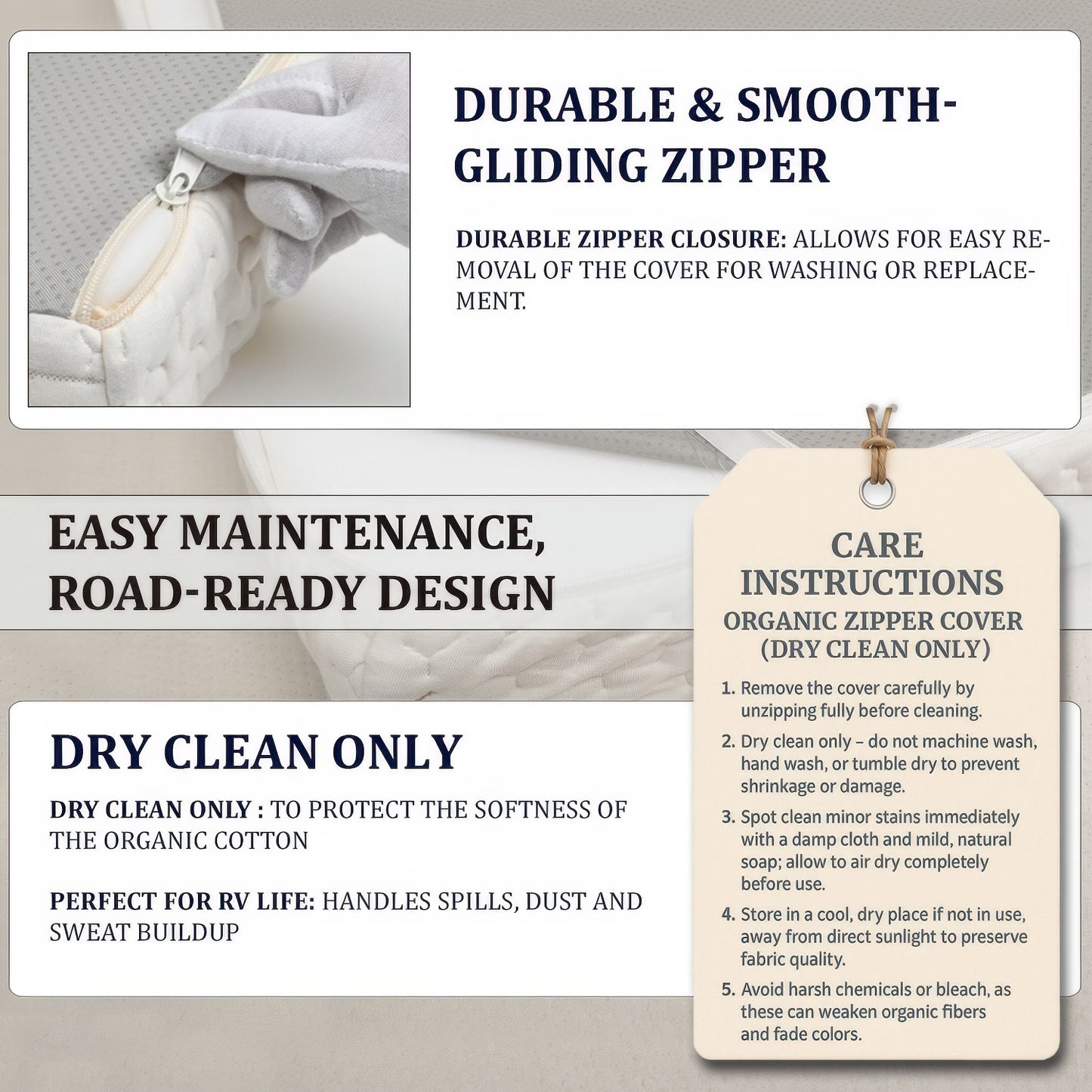 RV Precut Size Mattress with Organic Blend Zipper Water- Resistant Cover & Nonslip Base